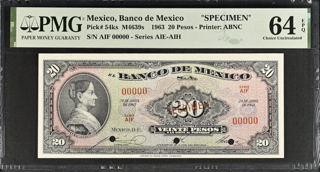 Banco De Mexico 20 Pesos 1963 M4639s P54ks PMG Ch UNC64 EPQ f_35621