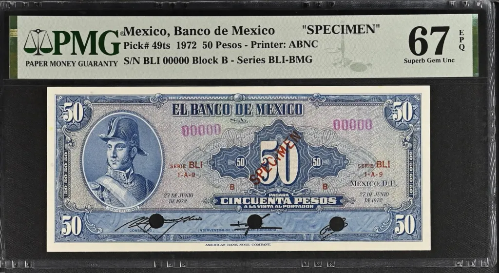 Banco De Mexico Mexican Currency Banco De Mexico 50 Pesos 1972 Pick #49ts PMG Superb Gem UNC67 EPQ f_35623 Banco De Mexico 50 Pesos 1972 Pick #49ts PMG Superb Gem UNC67 EPQ f_35623