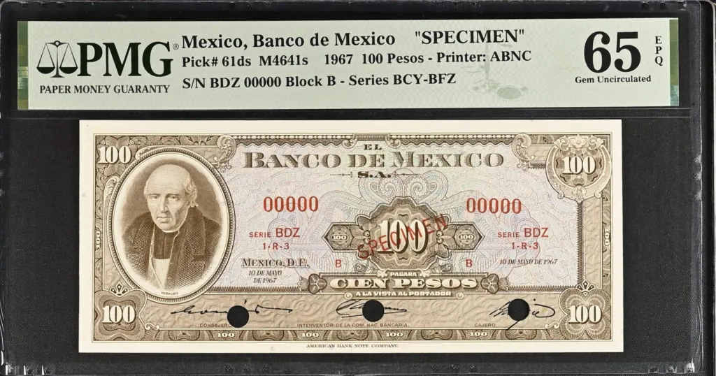 Banco De Mexico Mexican Currency Banco De Mexico 100 Pesos 1967 Pick #61ds PMG Gem UNC65 EPQ f_35624 Banco De Mexico 100 Pesos 1967 Pick #61ds PMG Gem UNC65 EPQ f_35624