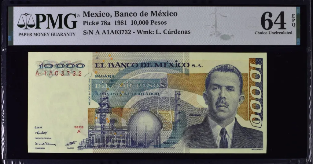 Banco De Mexico Mexican Currency Banco De Mexico 10000 Pesos 1981 Pick #78a PMG Ch UNC64 EPQ f_35630 Banco De Mexico 10000 Pesos 1981 Pick #78a PMG Ch UNC64 EPQ f_35630