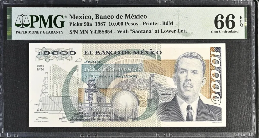 Banco De Mexico 10000 Pesos 1987 M4663a P90a PMG Gem UNC66 EPQ f_35632
