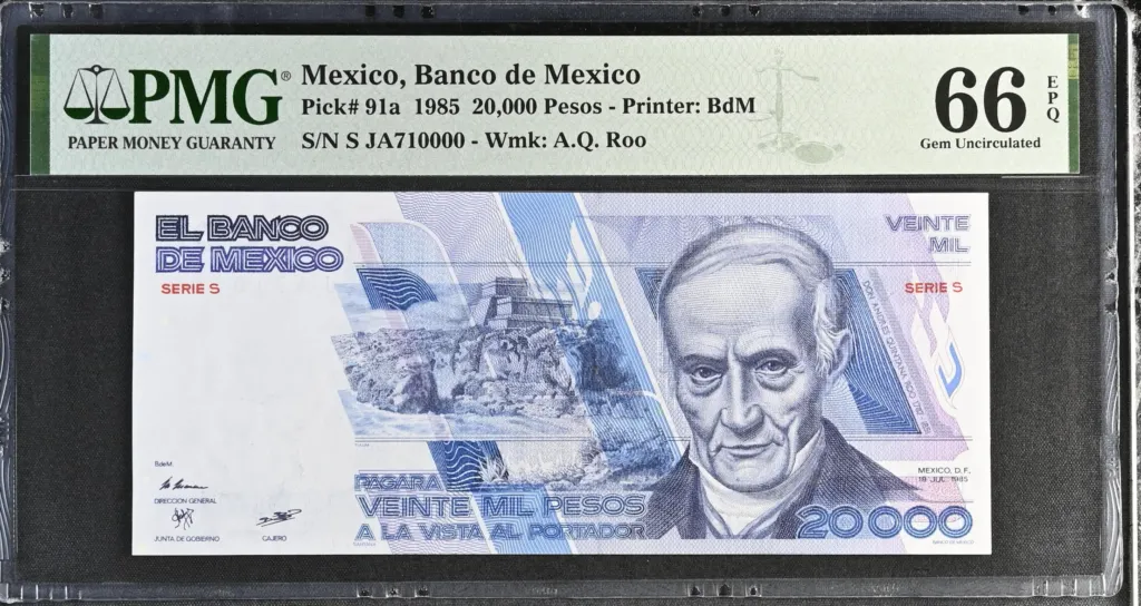 Banco De Mexico 20000 Pesos 1985 M4664a P91a PMG Gem UNC66 EPQ f_35633