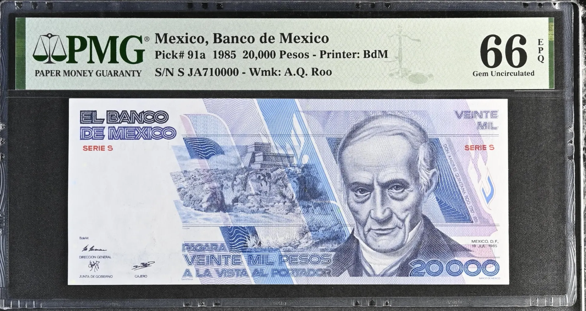 Banco De Mexico Mexican Currency Banco De Mexico 20000 Pesos 1985 M4664a P91a PMG Gem UNC66 EPQ f_35633 Banco De Mexico 20000 Pesos 1985 M4664a P91a PMG Gem UNC66 EPQ f_35633
