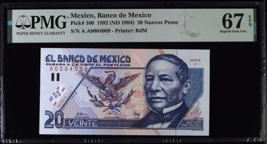 Banco De Mexico 20 Nuevos Pesos 1992 M4673 P100 PMG Superb Gem UNC67 EPQ f_35636
