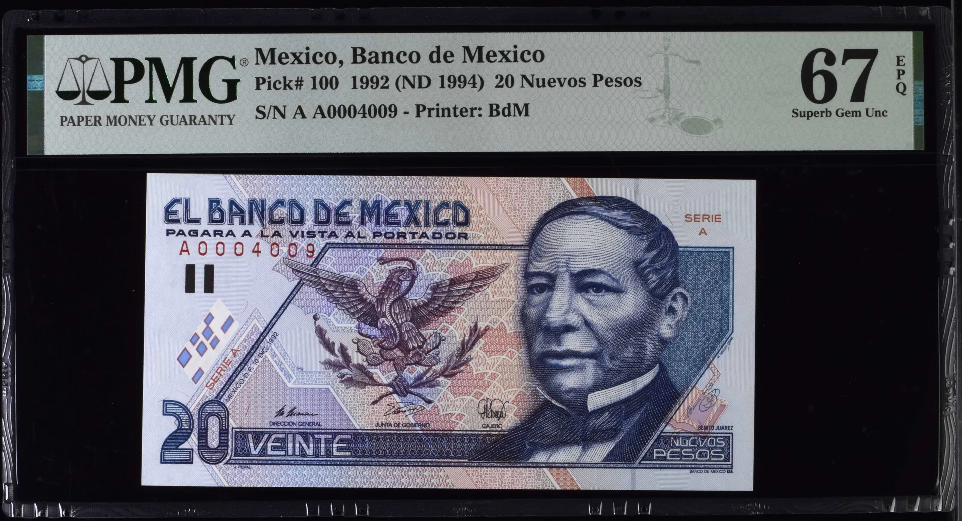 Banco De Mexico Mexican Currency Banco De Mexico 20 Nuevos Pesos 1992 M4673 P100 PMG Superb Gem UNC67 EPQ f_35636 Banco De Mexico 20 Nuevos Pesos 1992 M4673 P100 PMG Superb Gem UNC67 EPQ f_35636