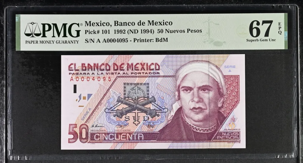 Banco De Mexico 50 Nuevos Pesos 1992 M4674 P101 PMG Superb Gem UNC67 EPQ f_35638