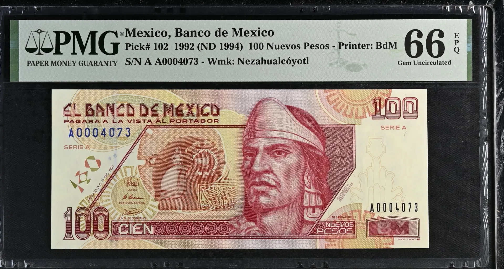 Banco De Mexico Mexican Currency Banco De Mexico 100 Nuevos Pesos 1992 M4675 P102 PMG Gem UNC66 EPQ f_35639 Banco De Mexico 100 Nuevos Pesos 1992 M4675 P102 PMG Gem UNC66 EPQ f_35639