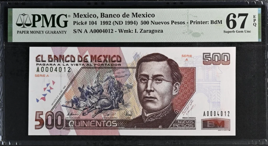 Banco De Mexico 500 Nuevos Pesos 1992 M4677 P104 PMG Superb Gem UNC67 EPQ f_35643