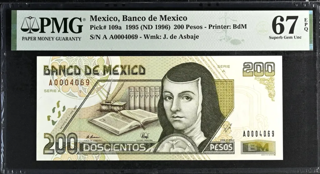 Banco De Mexico 200 Pesos 1995 Pick #109a PMG Superb Gem UNC67 EPQ f_35648