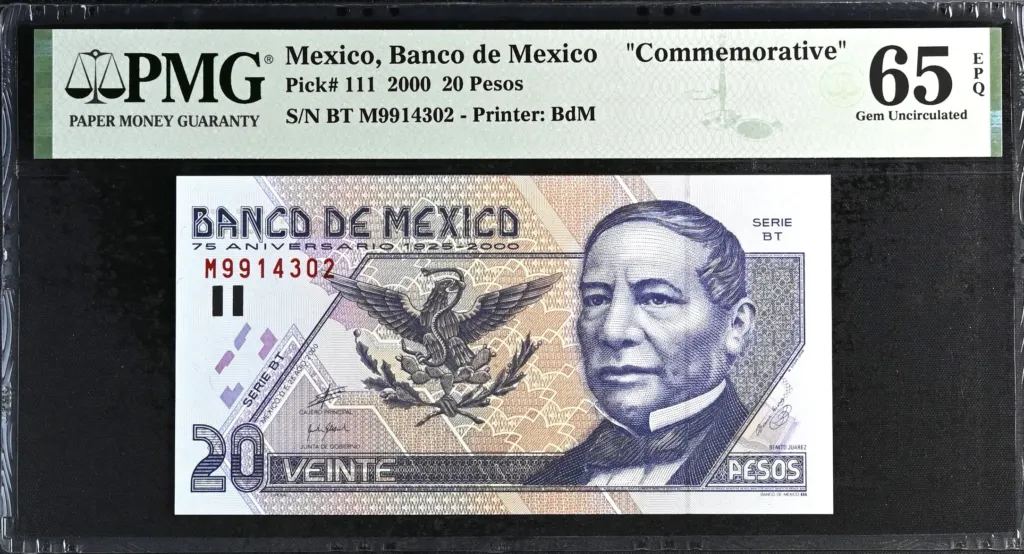 Banco De Mexico 20 Pesos 2000 Pick #111 PMG Gem UNC65 EPQ f_35650