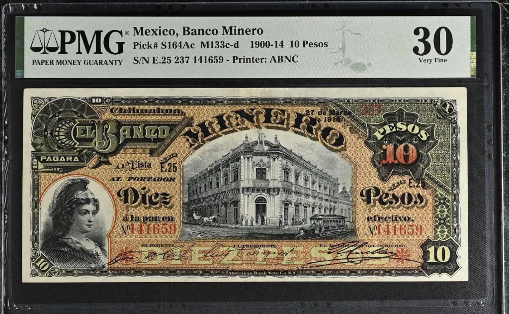 Bancos 10 Pesos 1914 Chihuahua M133c-d P S164Ac PMG VF30 f_35651