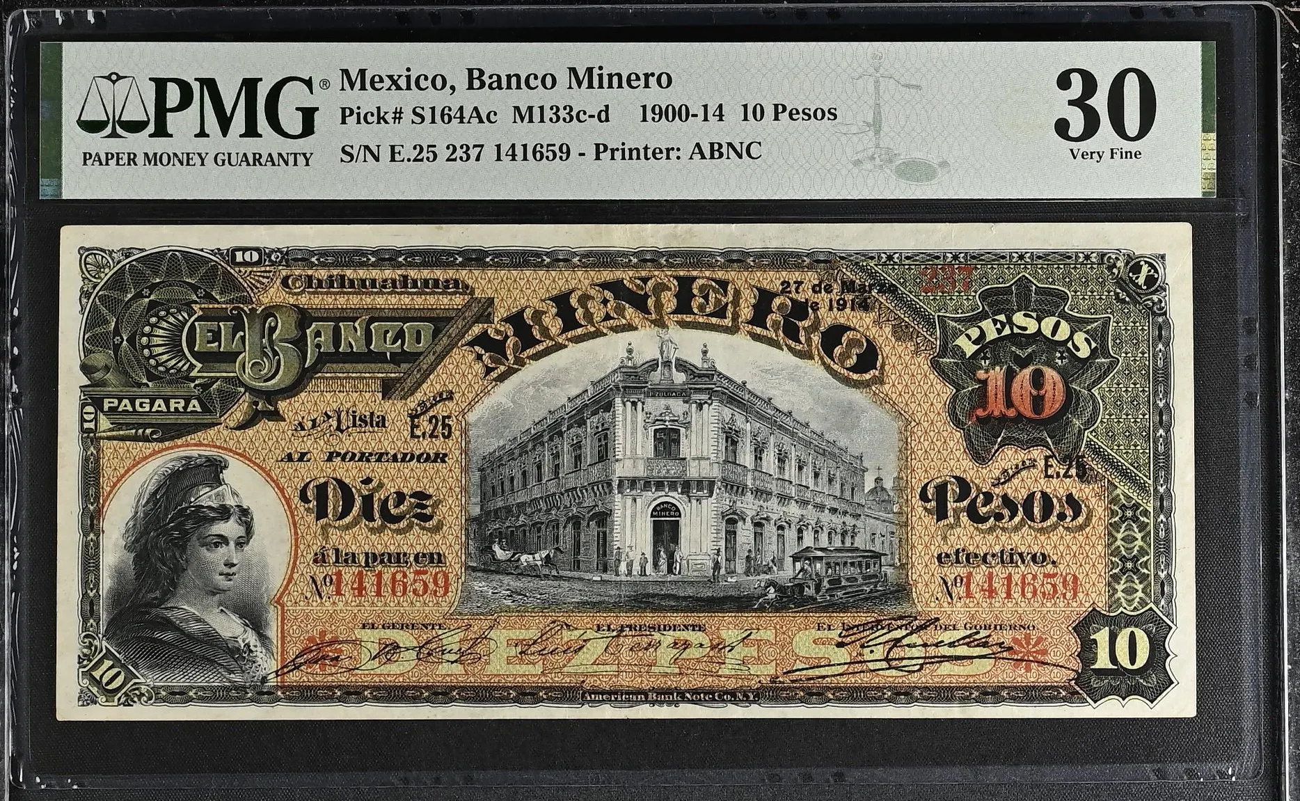 Bancos Mexican Currency Bancos 10 Pesos 1914 Chihuahua M133c-d P S164Ac PMG VF30 f_35651 Bancos 10 Pesos 1914 Chihuahua M133c-d P S164Ac PMG VF30 f_35651