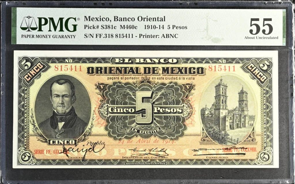 Bancos 5 Pesos 1914 Puebla PMG AU55 M460c f_35657