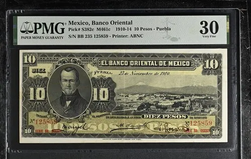 Bancos Mexican Currency Bancos 10 Pesos 1910 Puebla PMG VF30 M461c f_35658 Bancos 10 Pesos 1910 Puebla PMG VF30 M461c f_35658