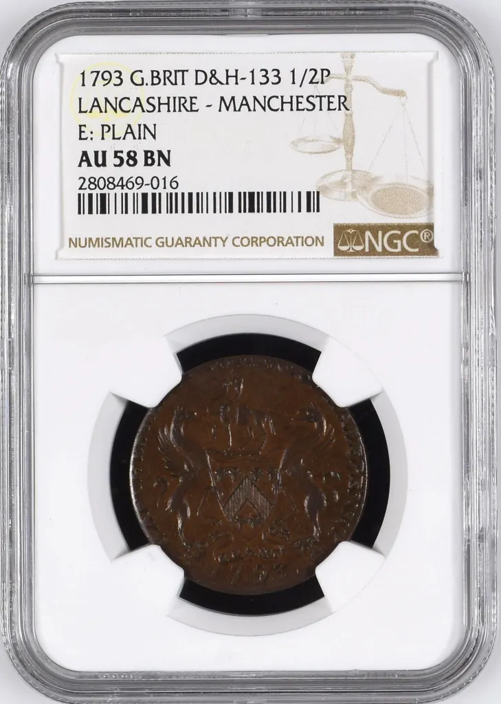 UK (Great Britain) 1/2 Penny 1793 Lancashire-Manchester NGC AU58BN 0158480