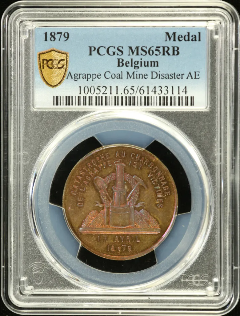 Belgium Agrappe Coal Mine Disaster Medal 1879 PCGS MS65RB 0158919