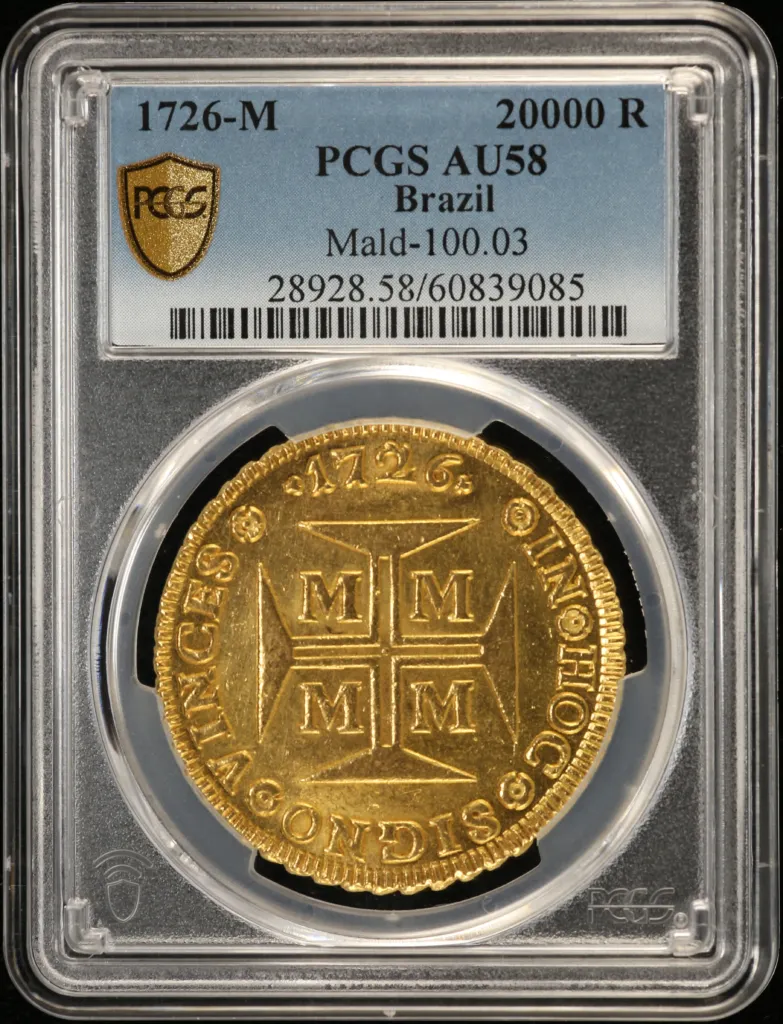 Brazil 20,000 Reis 1726 M PCGS AU58 Mald-100.03 0158555