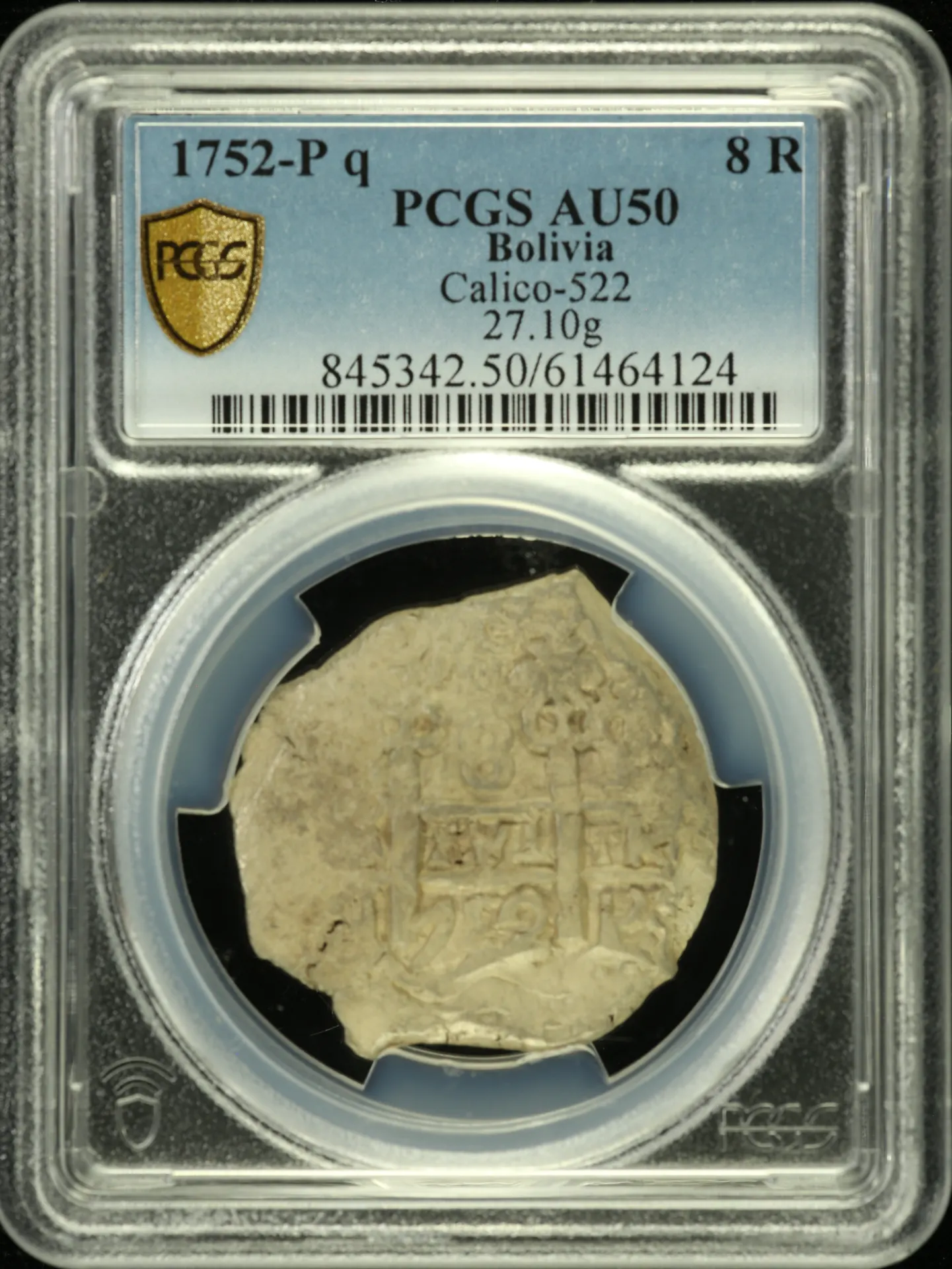 Bolivia 8 Reales 1752 P q Calico-522 PCGS AU50 0158590