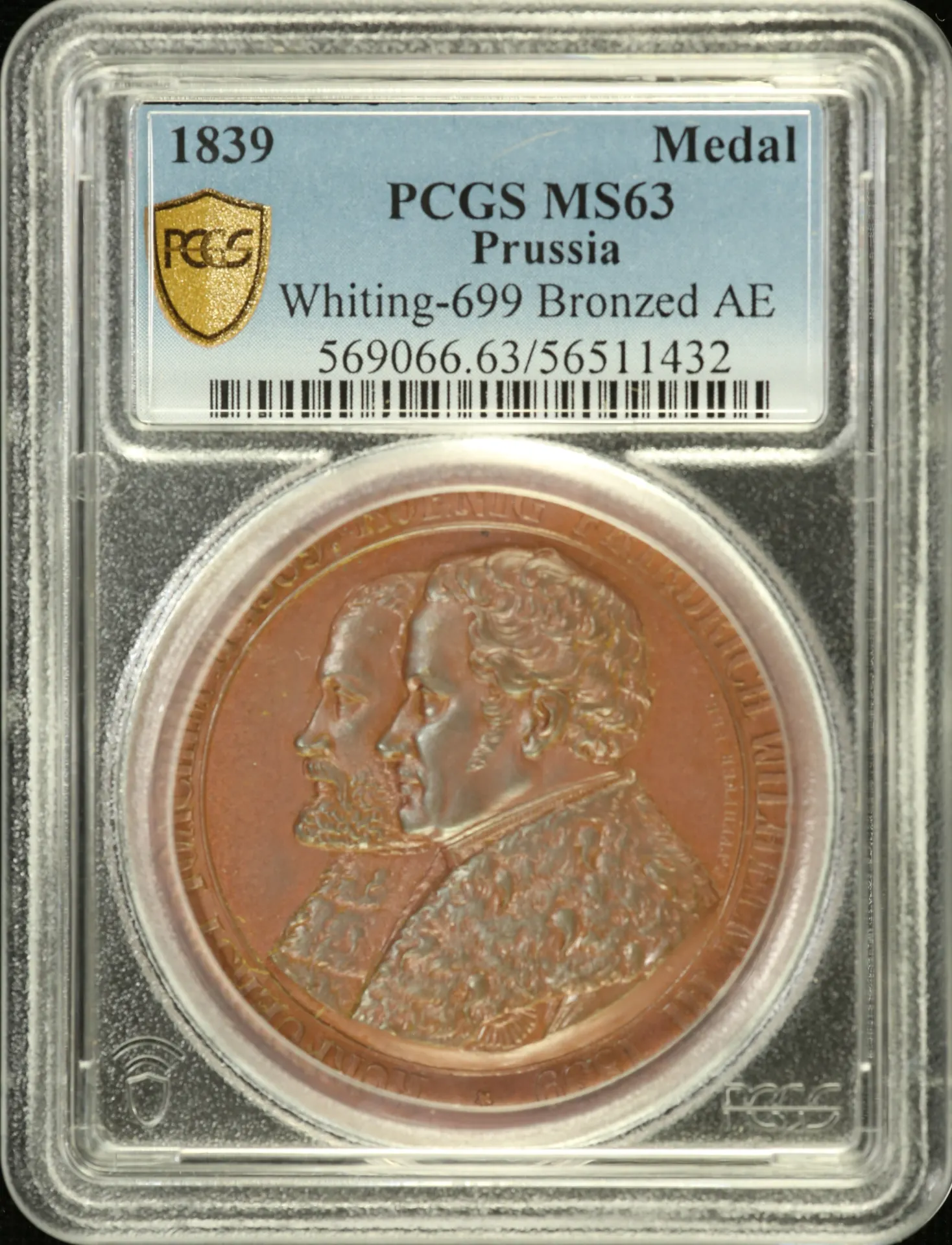 Germany Prussia Bronzed Medal 1839 Whiting-699 PCGS MS63 0159054