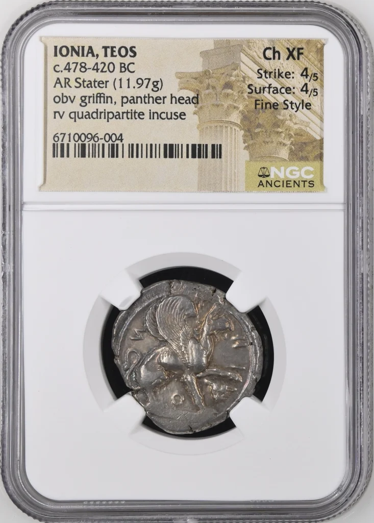 Ancient Coins Greek Ionia Ionia Teos c.478-420 BC AR Stater NGC Ch XF 0159184 Ionia Teos c.478-420 BC AR Stater NGC Ch XF 0159184