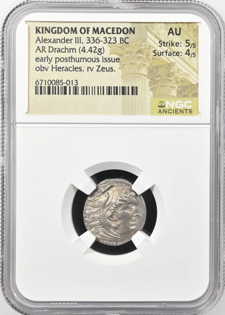 Ancient Coins Greek Macedonian Kings Macedonian Kings Alexander III(The Great) 336-323 BC AR Drachm NGC AU 0159185 Macedonian Kings Alexander III(The Great) 336-323 BC AR Drachm NGC AU 0159185