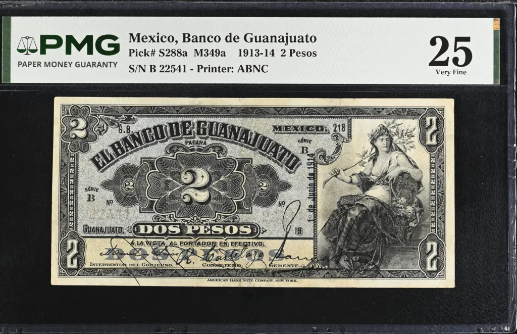 Bancos 2 Pesos 1913-14 Guanajuato M349a P S288a PMG VF25 f_35666