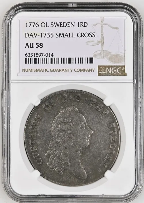 Sweden Riksdaler 1776 OL DAV-1735 NGC AU58 0160526