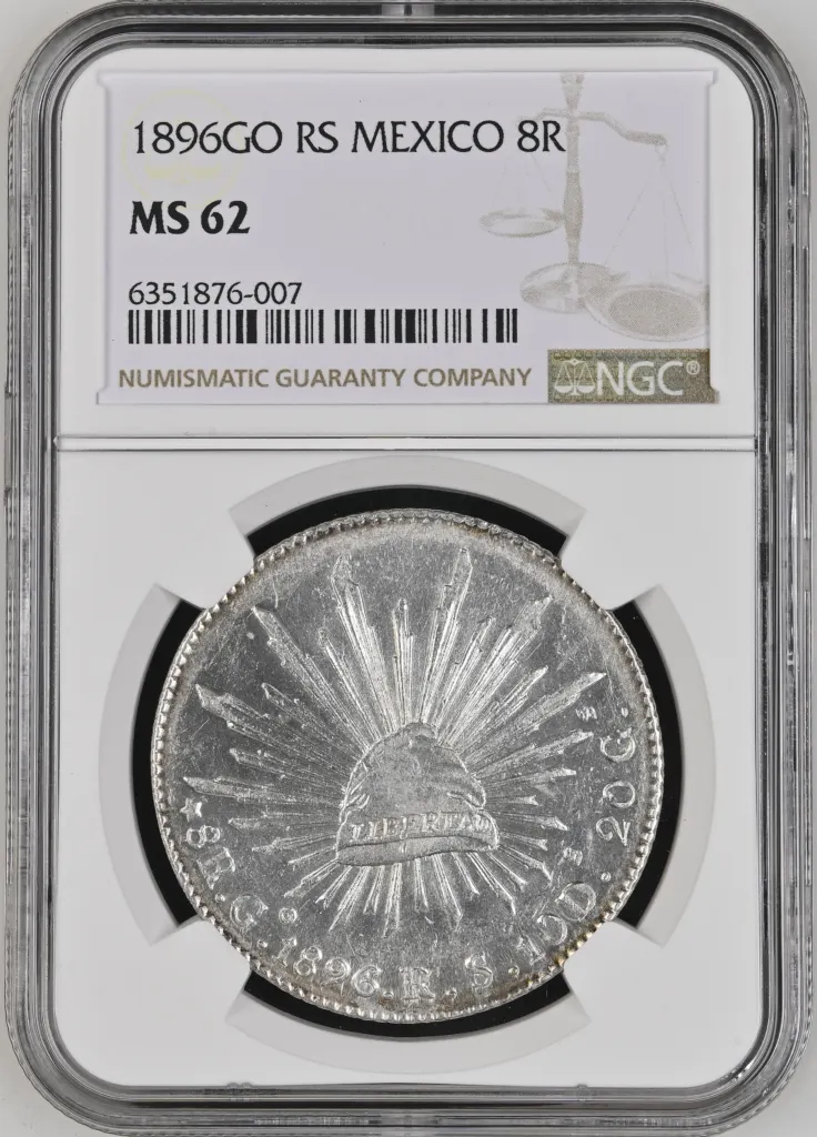 Guanajuato 8 Reales 1896 Go RS NGC MS62 0160553