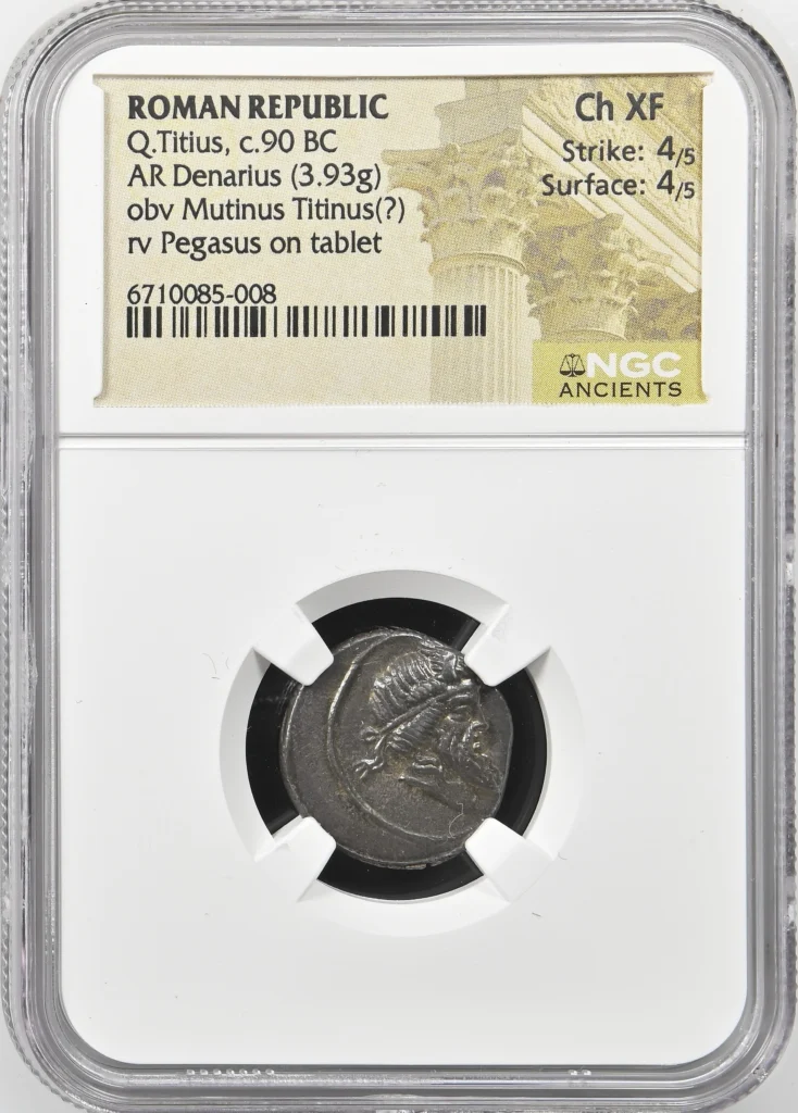 Roman Republic Q. Titius c.90 BC AR Denarius NGC Ch XF 0160541