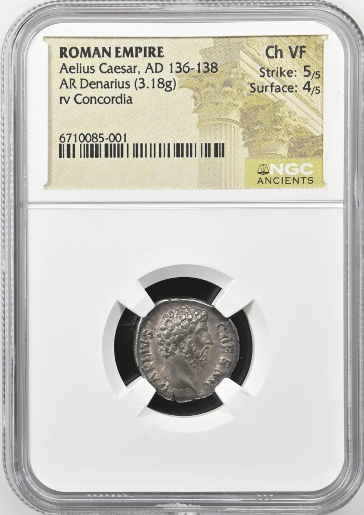 Ancient Coins Roman Imperial Roman Imperial Aelius Caesar 136-138 AD AR Denarius NGC Ch VF 0160542 Roman Imperial Aelius Caesar 136-138 AD AR Denarius NGC Ch VF 0160542