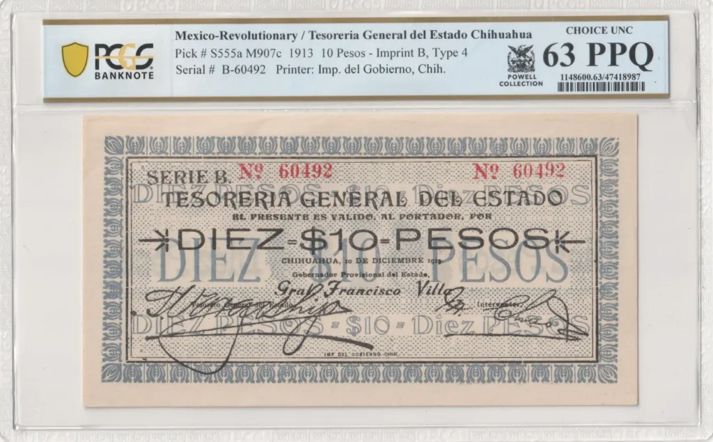 Revolutionary Currency 10 Pesos 1913 Chihuahua M907c P S555a PCGS Ch UNC63 PPQ f_35673