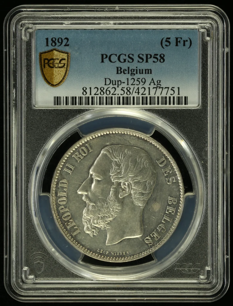 Belgium (5 Franc) 1892 PCGS SP58 0160903