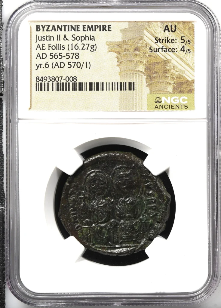 Ancient Coins Byzantine Byzantine Justin II & Sophia 565-578 AD AE Follis NGC AU 0161734 Byzantine Justin II & Sophia 565-578 AD AE Follis NGC AU 0161734