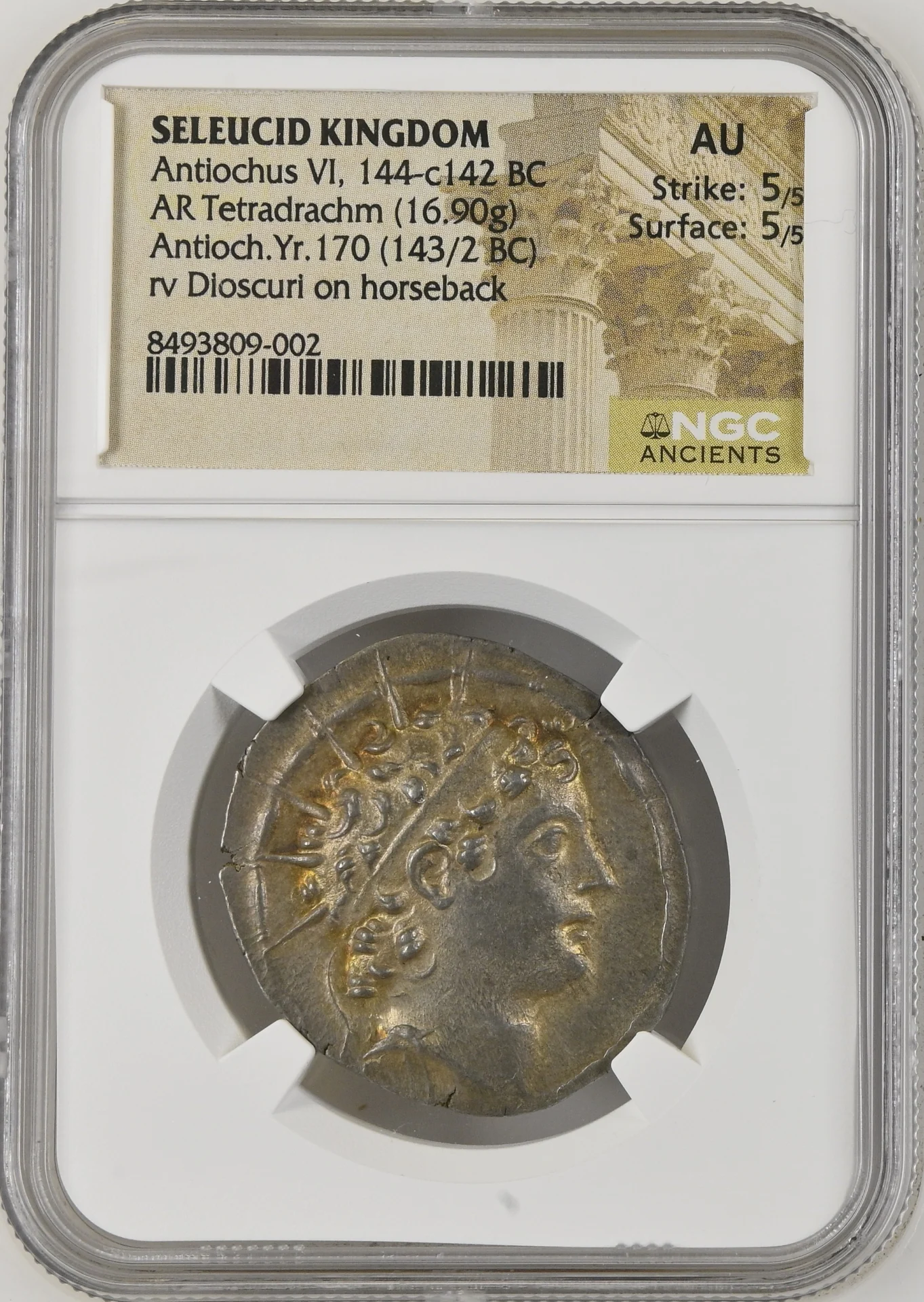 Ancient Coins Greek Seleucid Kingdom Seleucid Kingdom Antiochus VI 144-142 BC AR Tetradrachm NGC AU 0161661 Seleucid Kingdom Antiochus VI 144-142 BC AR Tetradrachm NGC AU 0161661
