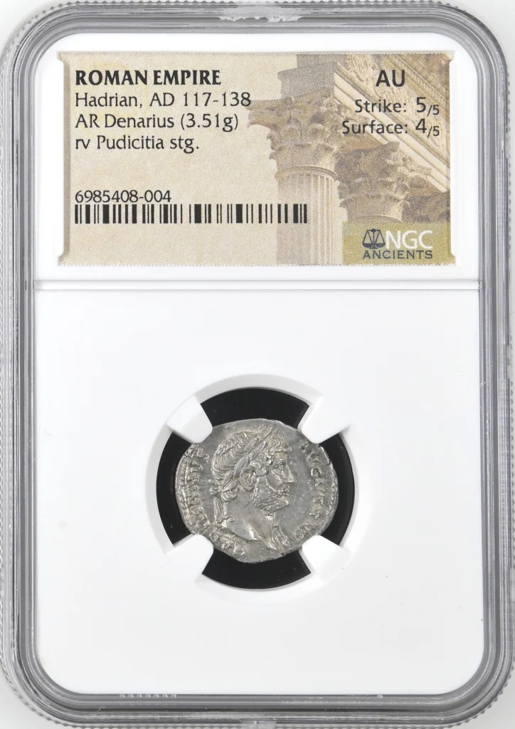 Roman Imperial Hadrian 117-138 AD AR Denarius NGC AU 0161662