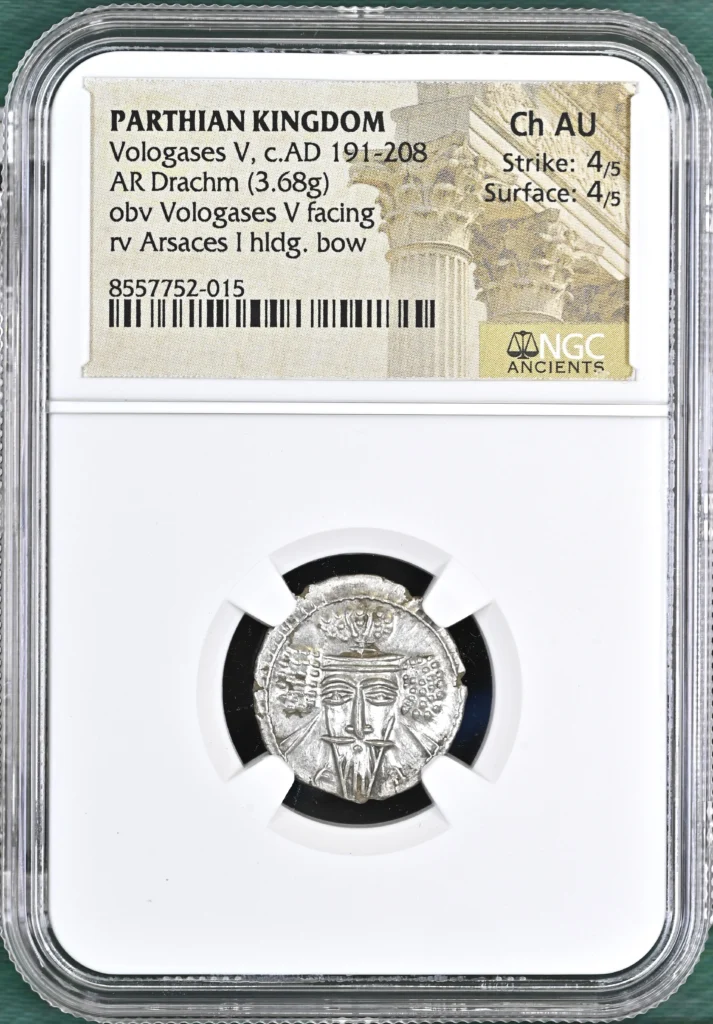 Persia, Achaemenid Kings Vologases V c. 191-208 AD AR Drachm NGC Ch AU 0161677