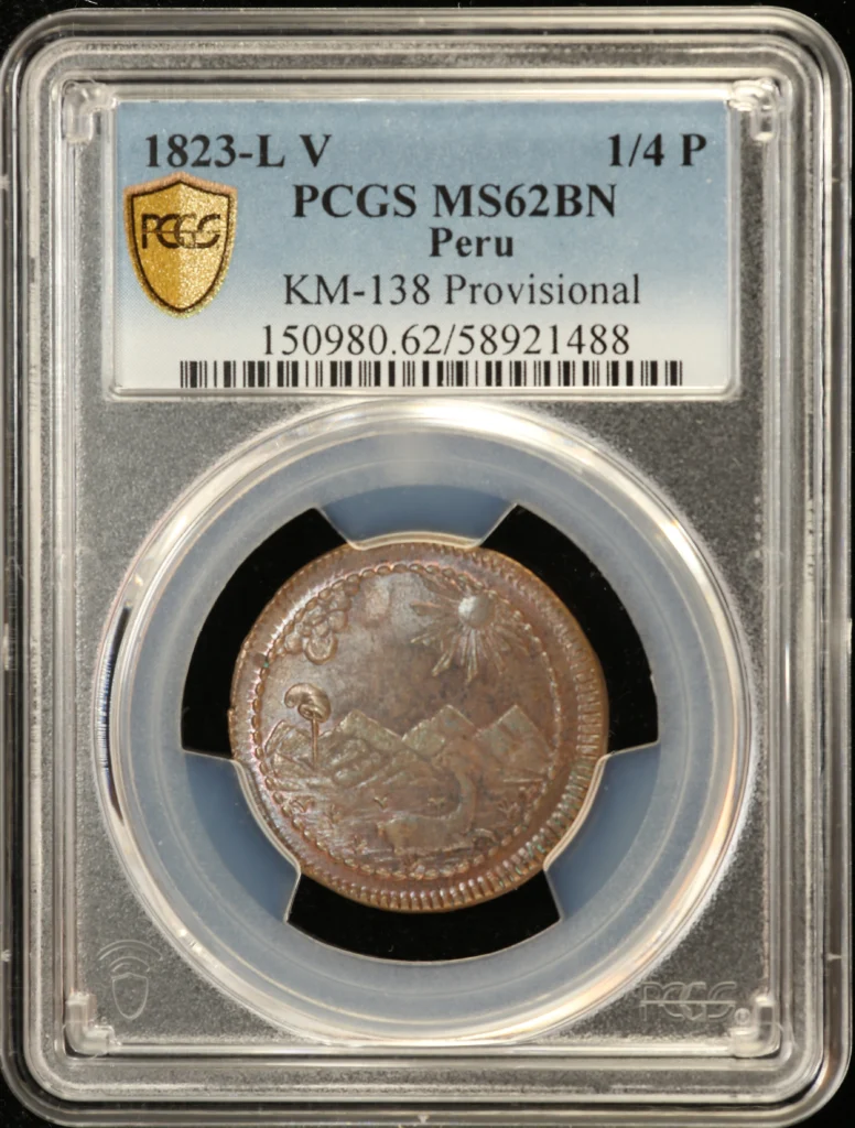 Peru 1/4 Peso 1823 L V PCGS MS62BN KM-138 0161630