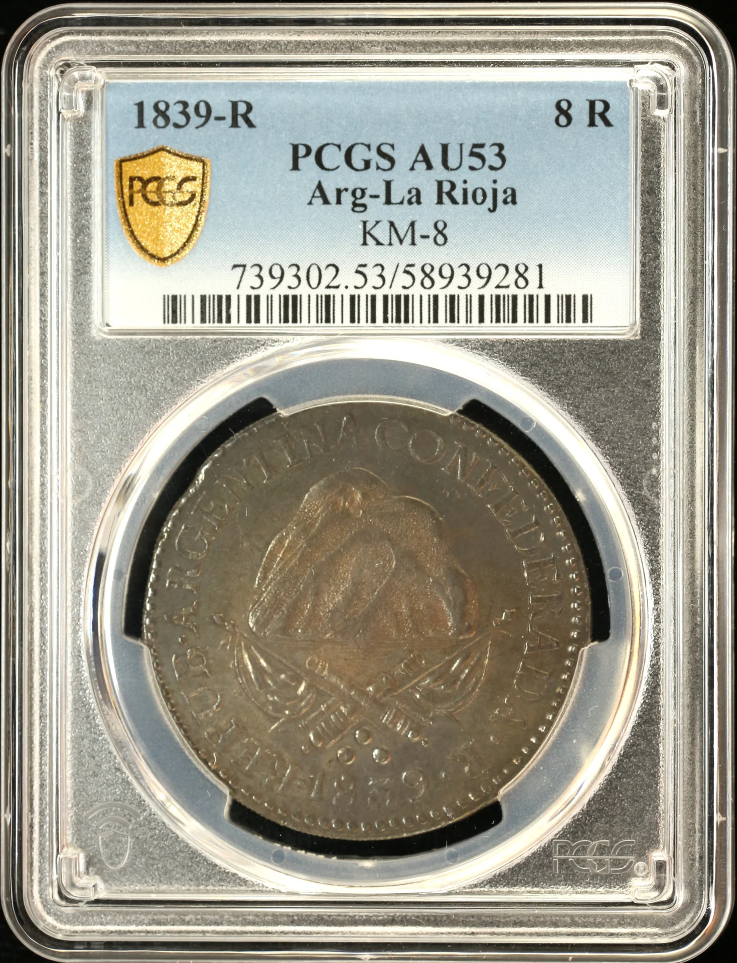 Argentina Latin American Coins Argentina 8 Reales 1839 R PCGS AU53 KM-8 0161408 Argentina 8 Reales 1839 R PCGS AU53 KM-8 0161408