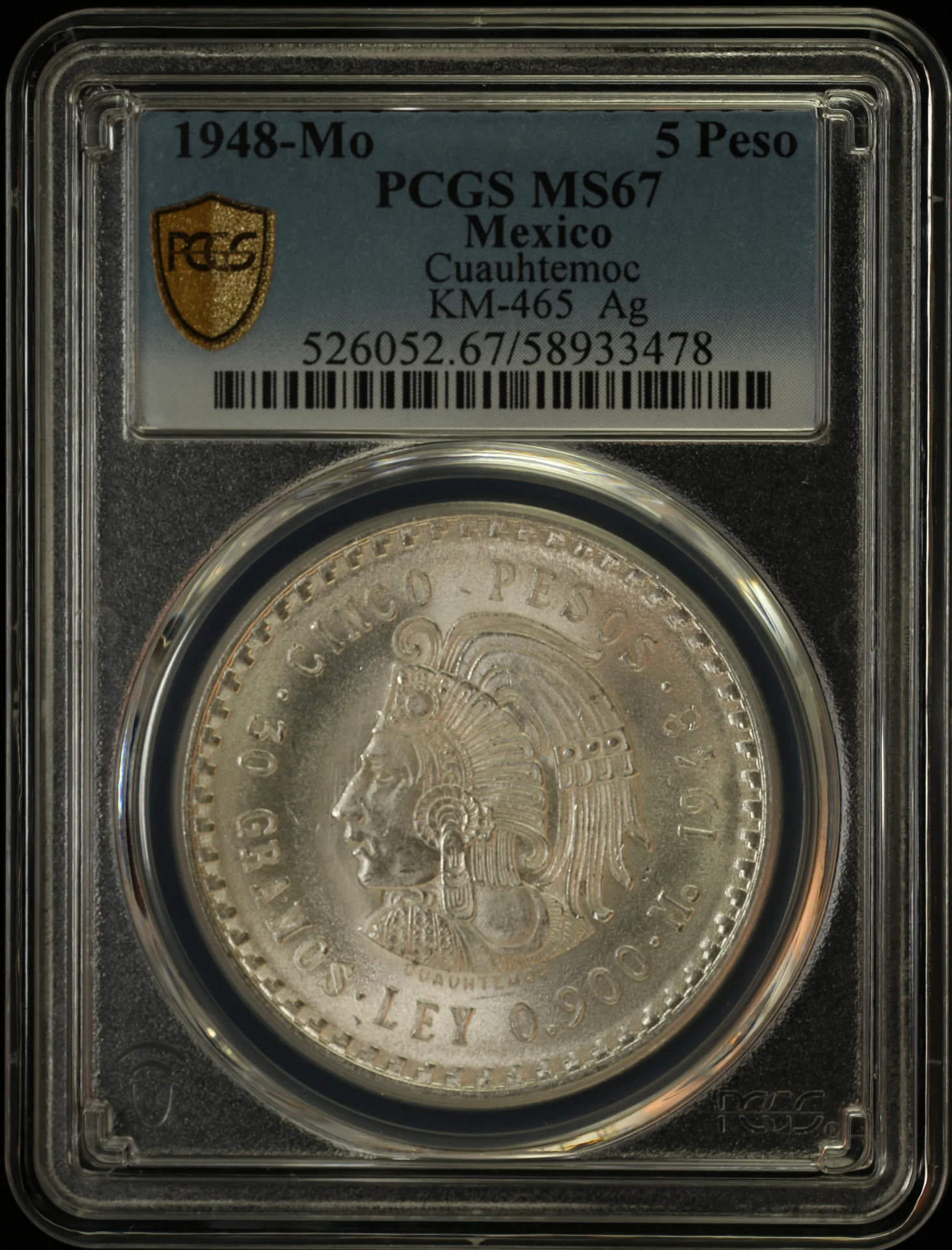 5 Peso Mexican Coins Modern Silver & Minors Modern Silver & Minors 5 Peso 1948 Mo PCGS MS67 KM-465 0161558 Modern Silver & Minors 5 Peso 1948 Mo PCGS MS67 KM-465 0161558
