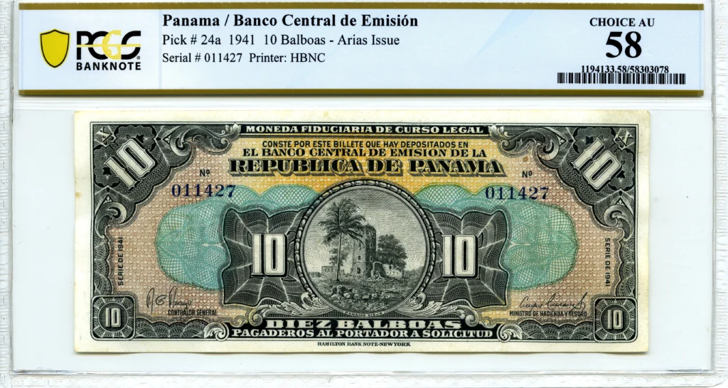 Panama 10 Balboas 1941 Pick #24a PCGS Ch AU58 0161653