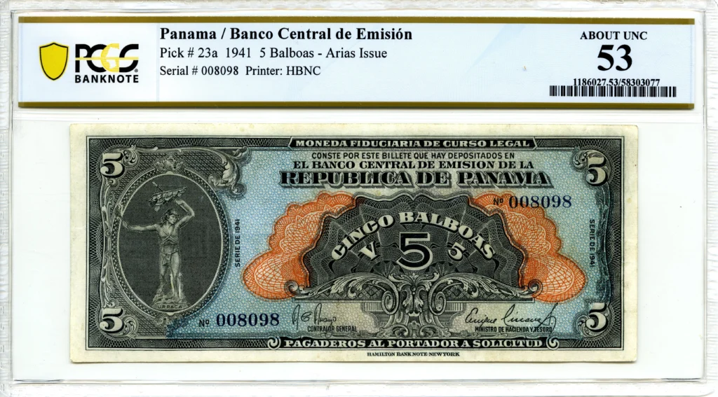 Panama 5 Balboas 1941 Pick #23a PCGS AU53 0161654