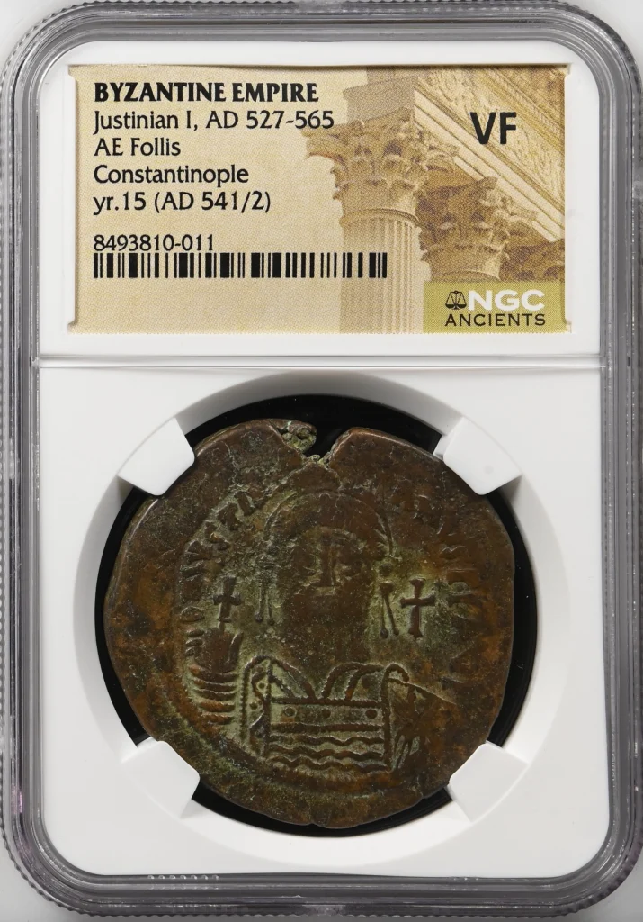 Ancient Coins Byzantine Byzantine Constantinople Justinian I 527-565 AD AE Follis NGC VF 0162365 Byzantine Constantinople Justinian I 527-565 AD AE Follis NGC VF 0162365