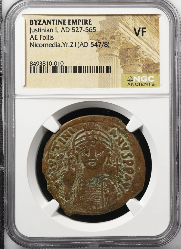 Ancient Coins Byzantine Byzantine Justinian I 527-565 AD AE Follis NGC VF 0162366 Byzantine Justinian I 527-565 AD AE Follis NGC VF 0162366