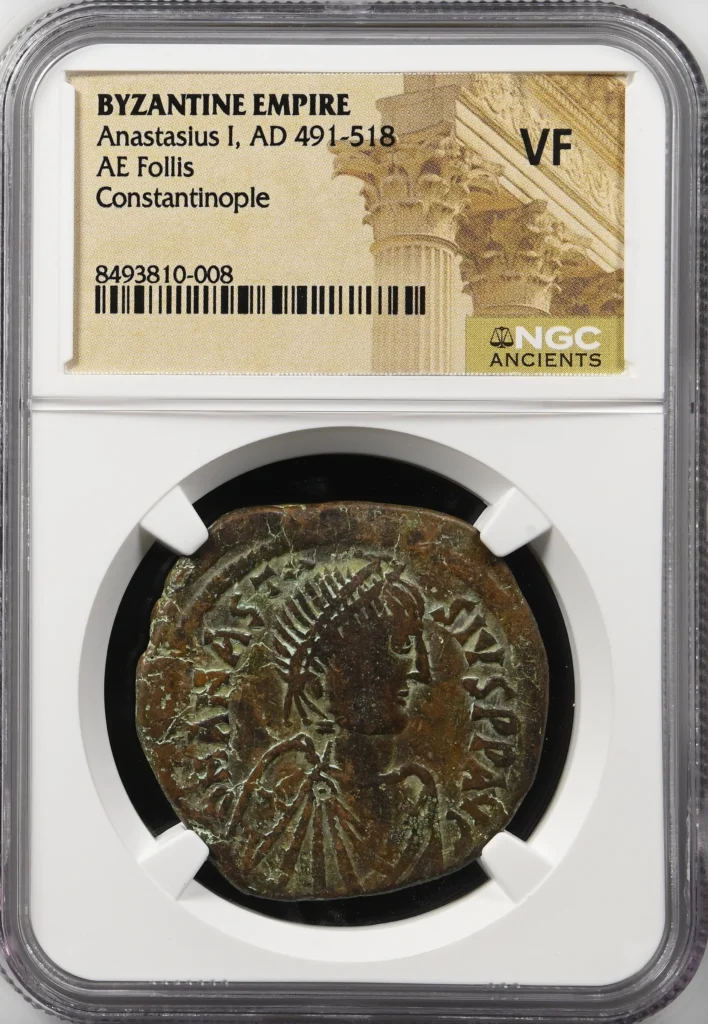 Ancient Coins Byzantine Byzantine Constantinople Anastasius I 491-518 AD AE Follis NGC VF 0162367 Byzantine Constantinople Anastasius I 491-518 AD AE Follis NGC VF 0162367