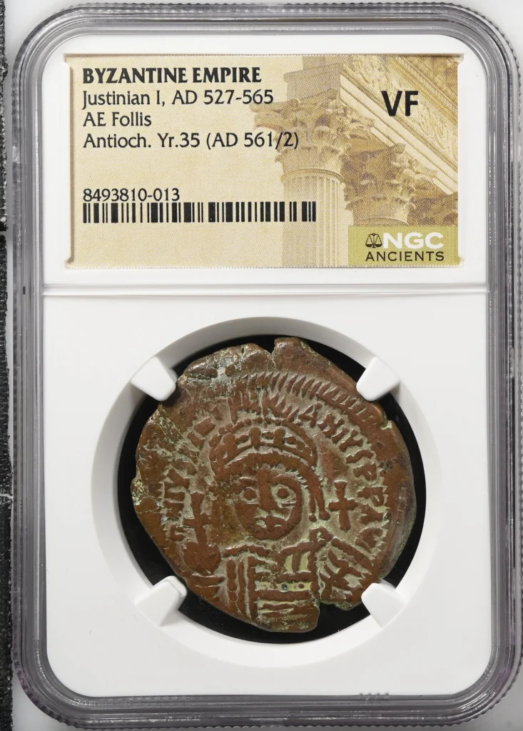 Ancient Coins Byzantine Byzantine Antioch Justinian I 527-565 AD AE Follis NGC VF 0162382 Byzantine Antioch Justinian I 527-565 AD AE Follis NGC VF 0162382