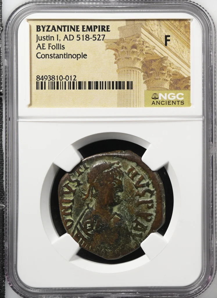 Ancient Coins Byzantine Byzantine Constantinople Justin I 518-527 AD AE Follis NGC F 0162384 Byzantine Constantinople Justin I 518-527 AD AE Follis NGC F 0162384
