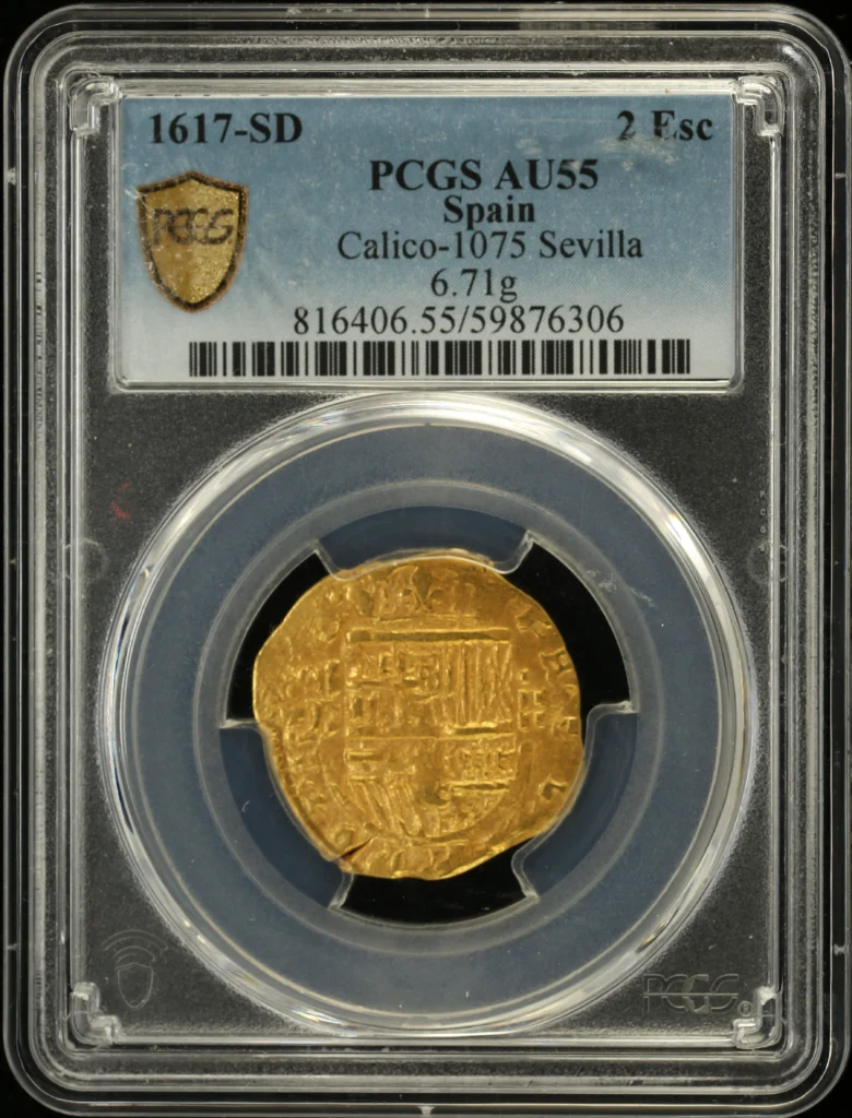 Spain 2 Escudos 1617 Seville D Calico-1075 PCGS AU55 0161780