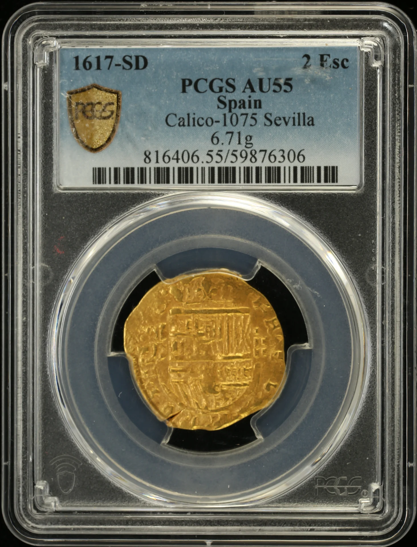 Spain 2 Escudos 1617 Seville D Calico-1075 PCGS AU55 0161780
