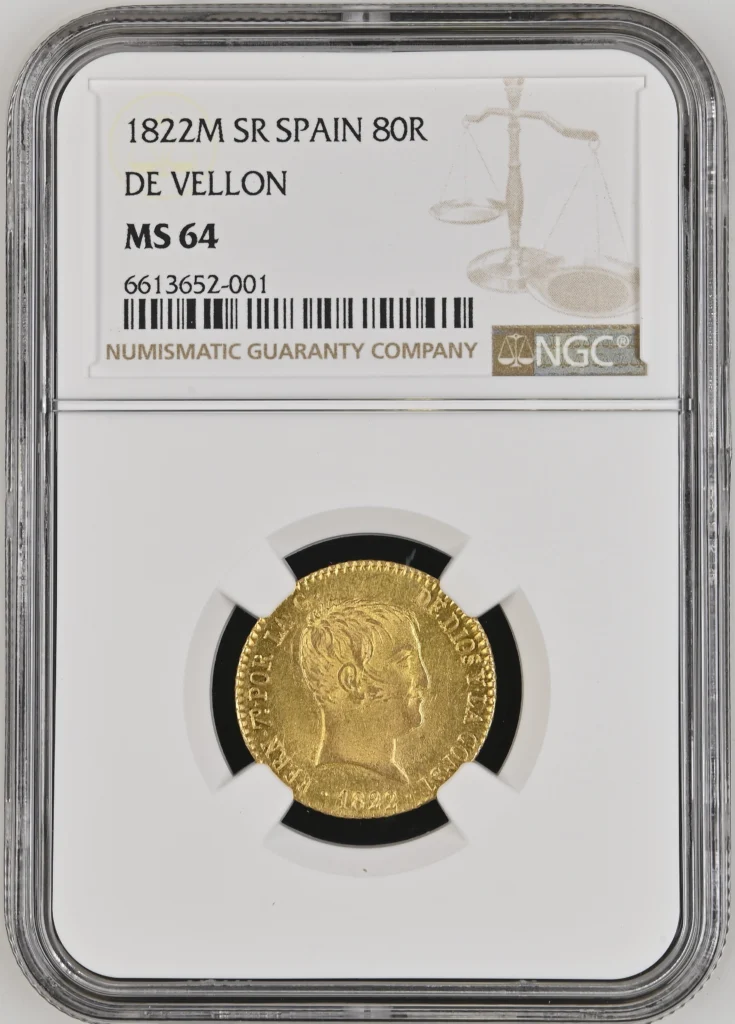 Spain 80 Reales 1822 M SR NGC MS64 0162056