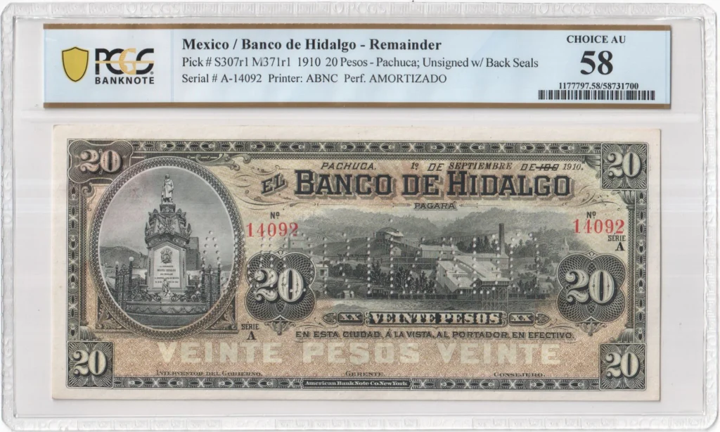 Bancos 20 Pesos Remainder 1910 Hidalgo M371r1 P S307r1 PCGS Ch AU58 f_35686